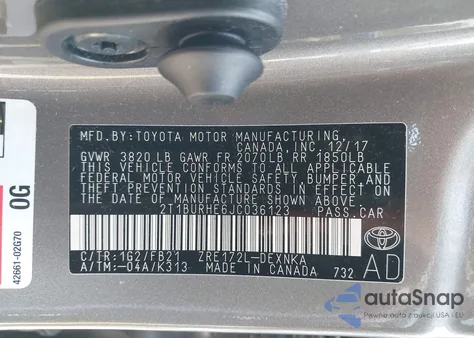 2018 Toyota Corolla Le из США, поврежденный, VIN 2T1BURHE6JC036123